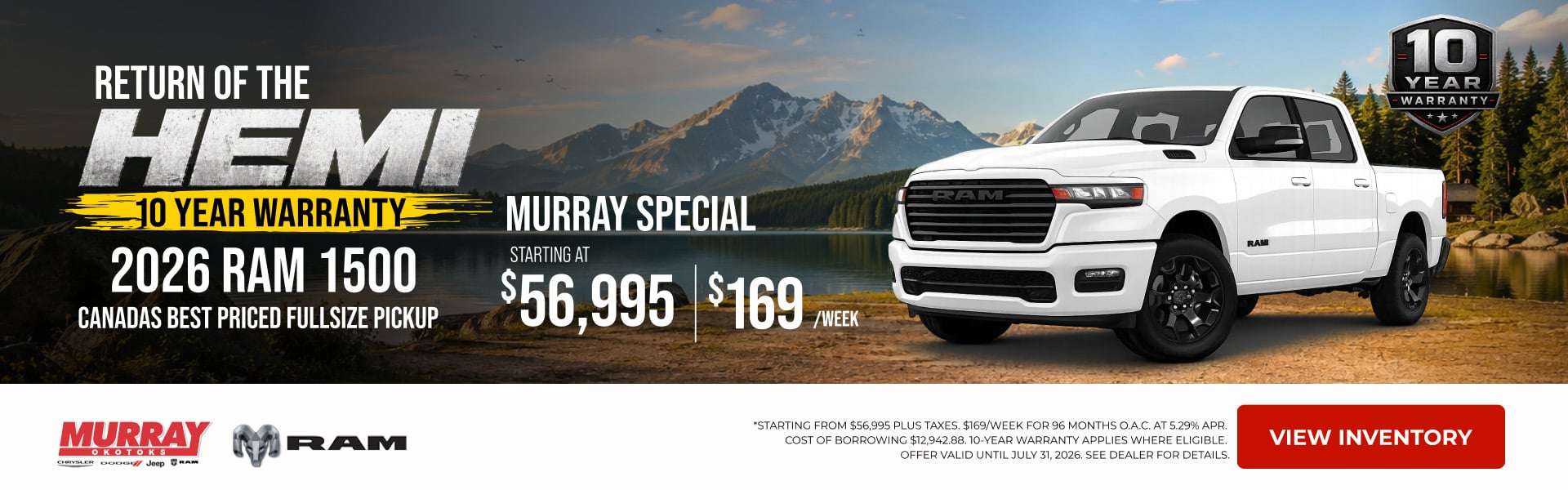 RETURN OF THE HEMI: 10 YEAR WARRANTY 2026 ram 1500 - CANADAS BEST PRICED FULLSIZE PICKUP. Murray Special starting at $56,995 $169/WEEK - JULY OFFER