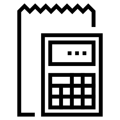 An icon of a calculator in front of a large torn-off receipt